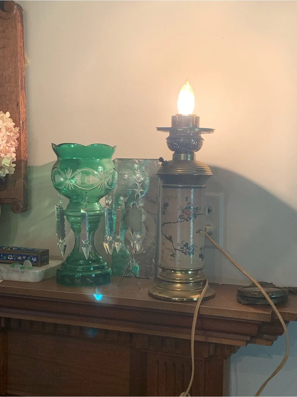 Antique Oil Lamp Converted Japanese Satsuma Meiji Hand Painted Birds Floral